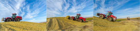 Beautiful autumn landscape photography with silos and tractors, Silos used for fermented feed in...