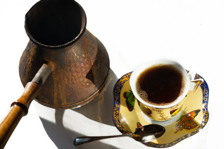 Experience traditional Turkish coffee culture. Sip espresso from a delicate Chinese porcelain cup. Enjoy sweet coffee in our restaurant. Enjoy aromatic coffee served from our unique coffee pot.の写真素材