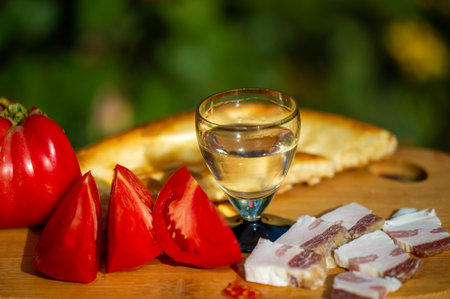 Traditional combination of Russian snacks. Popular in Russia due to its simplicity and delicious taste. The perfect complement to a glass of vodka.の写真素材