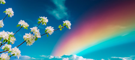The combination of delicate flowers and strong branches creates a wonderful contrast. The beauty of nature is evident in the blooming flowers that adorn the apple tree. Serene and peaceful sceneの写真素材