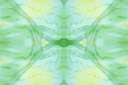 Seamless kaleidoscope. Fabric silk green-blue shades. Vibrant colors and scalloped shapes create a...