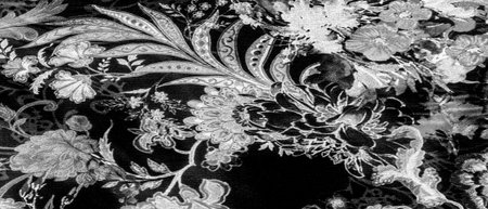 texture, cotton background, black and white colors. We present you this cotton brocade with a black and white floral pattern.の写真素材