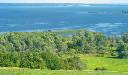 Summer landscape. River in the European part of the world. Sunny warm day. Green trees, grass. Blue sky with a small cloud cover.の写真素材