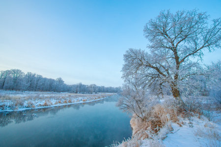 Experience the magical beauty of a winter wonderland. Watch the sun rise over the frozen river. Immerse yourself in the whimsical atmosphere of the Ice Dawn.の写真素材