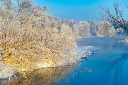 Enjoy the spectacular beauty of a winter sunrise. Witness a frozen masterpiece of nature on a serene river. Breathtaking scenes of shimmering frost and dazzling sunshine.の写真素材