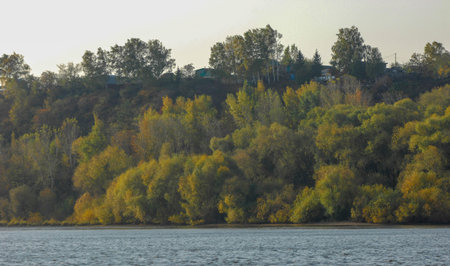 Photo of an autumn landscape, yellow leaves of trees on the river bank against a background of blue sky and white clouds on a sunny day, reflected in the waterの写真素材