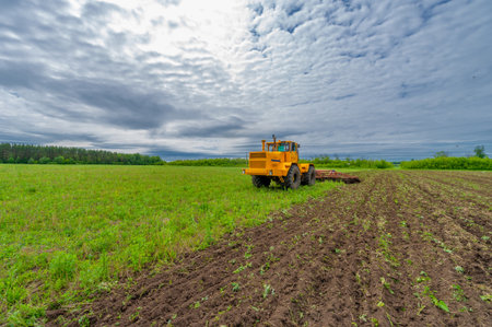 Spring photography, landscape with agricultural machinery, a tractor plows the land, plows a field, birds fly over arable landの写真素材