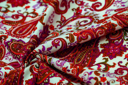 Paisley red pattern on a white background. The pattern is sometimes referred to as "Persian pickles" by American traditionalists, especially patchwork craftsmen, or "Welsh pears" in Walesの写真素材