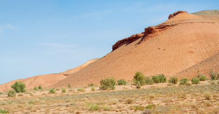 Panorama. Red Mountains of Boguty. In the heart of the desert, silent sentinels rise from the...