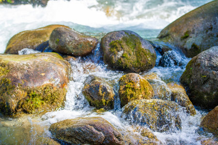 Symphony of Nature: This mountain stream, cascading over smooth and timeless rocks, creates a...