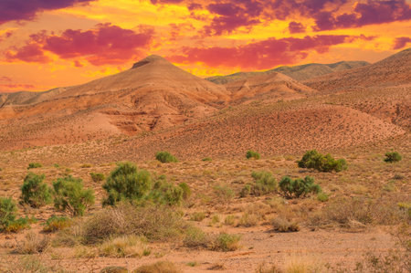 Red Mountains of Boguty. As the radiant sun bids farewell to the day, painting the mountain sky in shades of fiery orange and soothing pink, nature's masterpiece is revealed. Sunset Splendorの写真素材