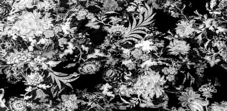 texture, cotton background, black and white colors. We present you this cotton brocade with a black and white floral pattern.の写真素材