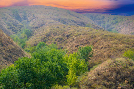 Enjoy a walk through the foothills. Climb the steep hills for stunning views. Perfect weather for a summer day adventure.の写真素材