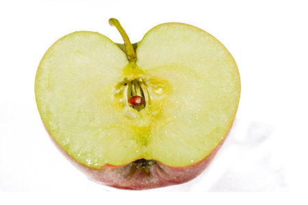 A fresh and juicy red apple, symbolizing health and well-being. Packed with essential vitamins for a nutritious snack. Ripe and ready to eat, it delivers a burst of natural sweetness.の写真素材