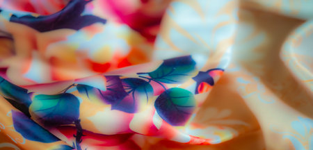 Blurred image of fabric adorned with blooming roses in soft pink and peach tones, mingling with green leaves and dark shadows, creating a sophisticatedの写真素材