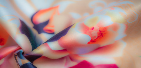 Blur. This close-up showcases a rose pattern with orange and soft cream colors, surrounded by vibrant green leaves, creating a lively, garden-inspired textile that evokes spring.の写真素材