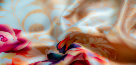 Blurred fabric with vibrant floral prints of pink, red, and peach roses with lush green leaves, creating a smooth, romantic, and vintage-inspired texture Ideal for wallpaper decor and textile projectsの写真素材