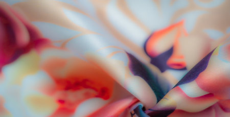 Blur. A soft fabric design combining delicate orange and cream patterns, enhancing the textile with a hint of sophistication The swirling motifs add a luxurious, decorative touch perfect for interiorsの写真素材