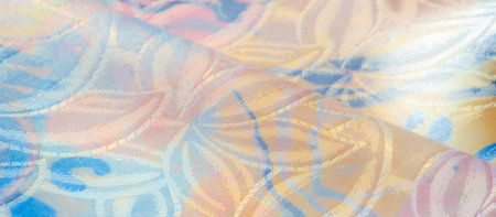 Smooth pastel fabric with a complex pattern, combining flowing lines and floral elements. A hint of...