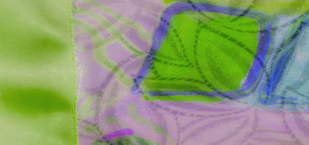 A satin-like fabric in shades of purple and blue with abstract leaf-like patterns, softly creased,...