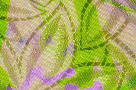 A rich, glossy fabric with dark purple and green abstract floral patterns. The fabric twists into...