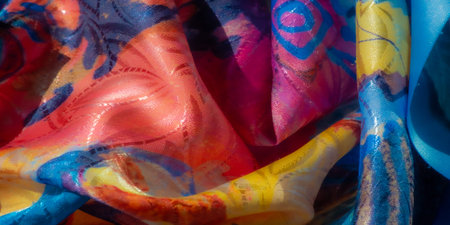 Close-up of abstract fabric with a mix of blue, yellow, red, and green patterns. The smooth surface...