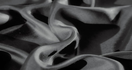 This black and white close-up image showcases smooth, flowing fabric folds, with highlights and...