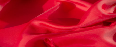 A beautifully folded red fabric with soft curves and a glossy finish, highlighting its smooth surface. The fabric creates an elegant flow, with light enhancing the depth and richness of the color.の写真素材