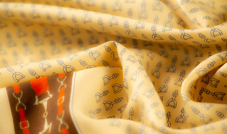 A yellow fabric draped with repetitive black stirrup patterns, capturing a stylish equestrian...