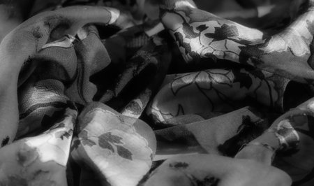 Blur effect accentuates the intricate details of the black floral outlines on this grayscale fabric. The fabric's soft folds and textures give it a chic and timeless appeal, perfect for creative designs.の写真素材