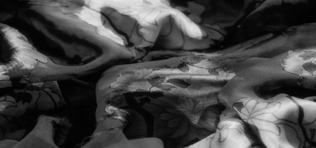 Blur effect highlights the delicate floral patterns on this grayscale fabric. The intricate black outlines of the flowers create a sense of elegance and texture, adding a timeless aestheticの写真素材