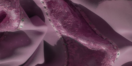 "Blur" A detailed pink lace fabric with a floral mesh pattern, accented by sparkling green gems along the edge. The shimmering texture gives the fabric an elegant and luxurious appeal.の写真素材
