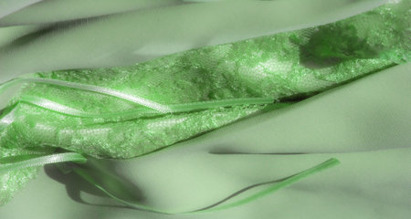 Blurred image of delicate green lace fabric with intricate mesh detailing. The shiny texture and hexagonal pattern create a soft, elegant design perfect for decorative textile applications.の写真素材