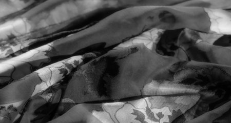 Blur of a layered fabric with abstract floral motifs in grayscale tones. The interplay of soft...