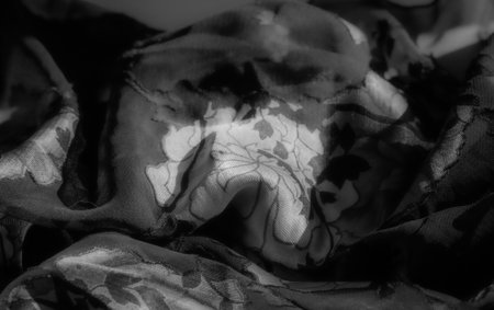 Blur effect draws attention to the delicate floral elements on this monochrome fabric. The elegant interplay between shadow and light adds depth, while the floral pattern remains a focal point.の写真素材