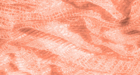 Blur of intricate coral lace fabric, emphasizing the overlapping woven threads and shiny surface....