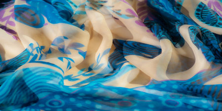 Blur of delicate blue fabric with intricate floral and abstract patterns. Soft beige accents...
