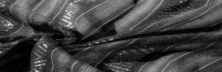 Blurred image of a black fabric featuring a combination of intricate woven patterns and shiny...
