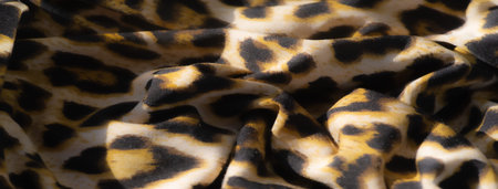 Blur of a sleek fabric displaying intricate leopard-like golden and black patterns, with natural...