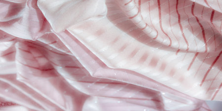 Blur of soft pink fabric with flowing red stripes and sparkling silver accents, intricately folded...