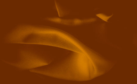 Blur of flowing orange fabric with intricate folds and textures, creating a soft and luxurious appearance. Light and shadow interplay, emphasizing the warm tones of the fabric.の写真素材