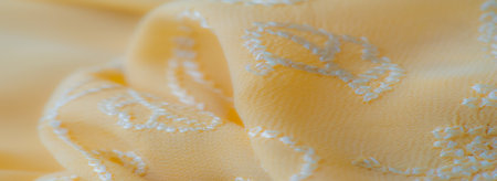 Blurred image of yellow fabric with white floral embroidery, draped in soft, flowing folds. The intricate stitching and light texture offer an airy elegant appeal suitable for high-end design conceptsの写真素材