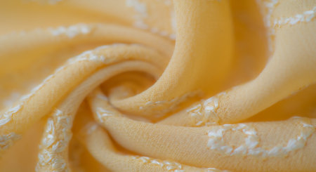 Blur, an intricately embroidered yellow fabric with white swirling designs. The fabric's soft folds and texture showcase its quality, making it perfect for crafting or fashion.の写真素材