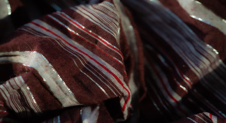 Blur: A beautiful maroon fabric with intricate red and white stripes, delicately woven with shimmering silver accents. The textured folds enhance the pattern, giving the fabric a luxurious,の写真素材