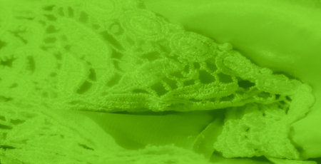 Blur of a vivid green lace and fabric textile with intricate details. The smooth folds blend seamlessly into the delicate lace pattern, creating a soft, elegant textureの写真素材