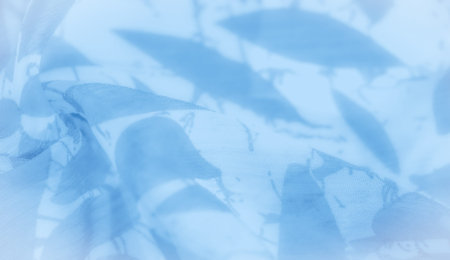Blurred blue and white fabric with abstract leaf-like patterns drapes into soft folds. The gentle...