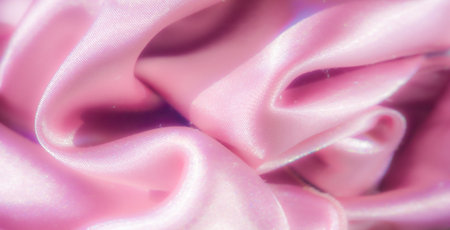 Blur - A close-up image of soft pink satin fabric with a glittering texture. The light reflects delicately on the surface, highlighting the smooth and flowing folds of the fabricの写真素材