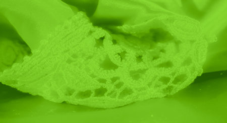 Blur of a vibrant green lace and satin fabric with beautiful folds. The lace reveals exquisite details in the pattern, while the satin fabric shines softly, adding an element of luxury.の写真素材