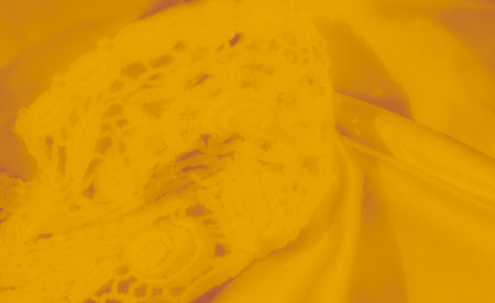 Blur of intricate yellow lace with subtle floral patterns and fine detailing The lace appears airy and lightweight providing a soft, flowing aesthetic that adds a delicate touch to the fabric's designの写真素材