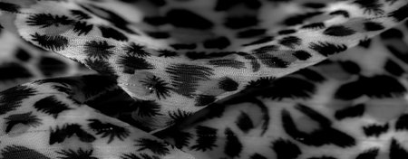Blurred soft fabric featuring a black and white pattern with flowing lines and shapes. The translucent texture adds elegance, blending dark motifs with a lighter background, enhancing depth.の写真素材